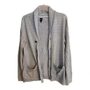 Gap Mens S Sweater Gray Cardigan Striped Gray Shawl Collar Pocket Knitted Button